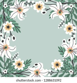 Floral greeting card and invitation template for wedding or birthday anniversary, Vector circle shape of text box label and frame, Spring flowers wreath ivy style with branch and leaves.
