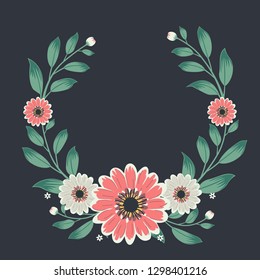 Floral greeting card and invitation template for wedding or birthday anniversary, Vector circle shape of text box label and frame, Cosmos flowers wreath ivy style with branch and leaves.