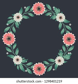 Floral greeting card and invitation template for wedding or birthday anniversary, Vector circle shape of text box label and frame, Cosmos flowers wreath ivy style with branch and leaves.