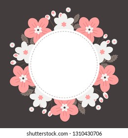 Floral greeting card and invitation template for wedding or birthday anniversary, Vector circle shape of text box label and frame, Pink flowers wreath ivy style with branch and leaves.