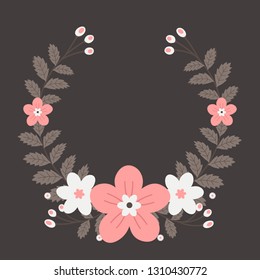 Floral greeting card and invitation template for wedding or birthday anniversary, Vector circle shape of text box label and frame, Pink flowers wreath ivy style with branch and leaves.