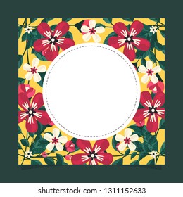 Floral greeting card and invitation template for wedding or birthday anniversary, Vector circle shape of text box label and frame, Red flowers wreath ivy style with branch and leaves.