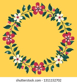 Floral greeting card and invitation template for wedding or birthday anniversary, Vector circle shape of text box label and frame, Red flowers wreath ivy style with branch and leaves.