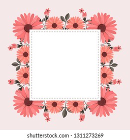 Floral greeting card and invitation template for wedding or birthday anniversary, Vector square shape of text box label and frame, Pink flowers wreath ivy style with branch and leaves.