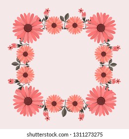 Floral greeting card and invitation template for wedding or birthday anniversary, Vector square shape of text box label and frame, Pink flowers wreath ivy style with branch and leaves.