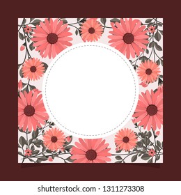 Floral greeting card and invitation template for wedding or birthday anniversary, Vector circle shape of text box label and frame, Pink flowers wreath ivy style with branch and leaves.