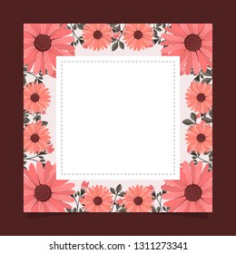 Floral greeting card and invitation template for wedding or birthday anniversary, Vector square shape of text box label and frame, Pink flowers wreath ivy style with branch and leaves.