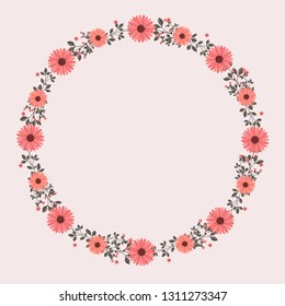 Floral greeting card and invitation template for wedding or birthday anniversary, Vector circle shape of text box label and frame, Pink flowers wreath ivy style with branch and leaves.