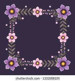 Floral greeting card and invitation template for wedding or birthday anniversary, Vector square shape of text box label and frame, Purple flowers wreath ivy style with branch and leaves.