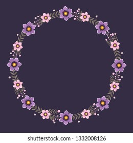 Floral greeting card and invitation template for wedding or birthday anniversary, Vector circle shape of text box label and frame, Purple flowers wreath ivy style with branch and leaves.