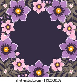 Floral greeting card and invitation template for wedding or birthday anniversary, Vector circle shape of text box label and frame, Purple flowers wreath ivy style with branch and leaves.