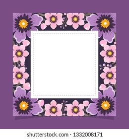 Floral greeting card and invitation template for wedding or birthday anniversary, Vector square shape of text box label and frame, Purple flowers wreath ivy style with branch and leaves.
