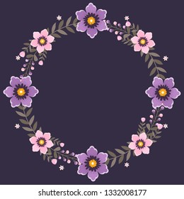 Floral greeting card and invitation template for wedding or birthday anniversary, Vector circle shape of text box label and frame, Purple flowers wreath ivy style with branch and leaves.
