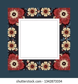 Floral greeting card and invitation template for wedding or birthday anniversary, Vector square shape of text box label and frame, Vintage flowers wreath ivy style with branch and leaves.