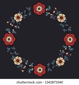 Floral greeting card and invitation template for wedding or birthday anniversary, Vector circle shape of text box label and frame, Vintage flowers wreath ivy style with branch and leaves.