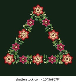 Floral greeting card and invitation template for wedding or birthday anniversary, Vector square triangle shape of text box label and frame, Pink flowers wreath ivy style with branch and leaves.