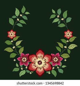 Floral greeting card and invitation template for wedding or birthday anniversary, Vector circle shape of text box label and frame, Pink flowers wreath ivy style with branch and leaves.