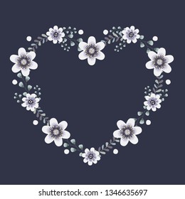 Floral greeting card and invitation template for wedding or birthday anniversary, Vector heart shape of text box label and frame, Winter flowers wreath ivy style with branch and leaves.