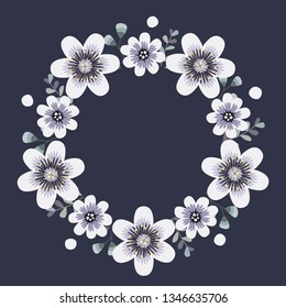Floral greeting card and invitation template for wedding or birthday anniversary, Vector circle shape of text box label and frame, Winter flowers wreath ivy style with branch and leaves.