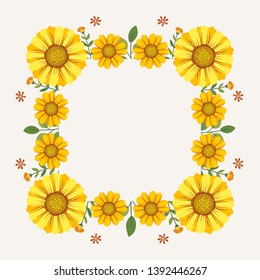 Floral greeting card and invitation template for wedding or birthday anniversary, Vector square shape of text box label and frame, Yellow flowers wreath ivy style with branch and leaves.