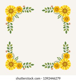 Floral greeting card and invitation template for wedding or birthday anniversary, Vector square shape of text box label and frame, Yellow flowers wreath ivy style with branch and leaves.