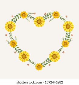 Floral greeting card and invitation template for wedding or birthday anniversary, Vector heart shape of text box label and frame, Yellow flowers wreath ivy style with branch and leaves.
