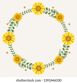 Floral greeting card and invitation template for wedding or birthday anniversary, Vector circle shape of text box label and frame, Yellow flowers wreath ivy style with branch and leaves.