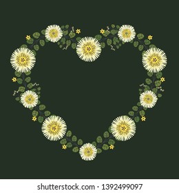 Floral greeting card and invitation template for wedding or birthday anniversary, Vector heart shape of text box label and frame, Cosmos flowers wreath ivy style with branch and leaves.