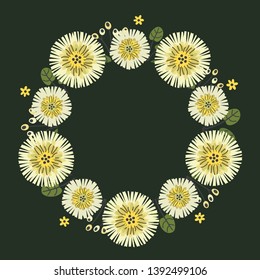Floral greeting card and invitation template for wedding or birthday anniversary, Vector circle shape of text box label and frame, Cosmos flowers wreath ivy style with branch and leaves.