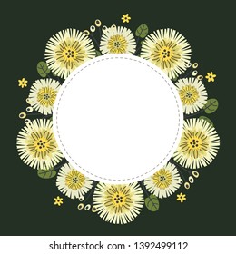 Floral greeting card and invitation template for wedding or birthday anniversary, Vector circle shape of text box label and frame, Cosmos flowers wreath ivy style with branch and leaves.