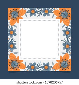 Floral greeting card and invitation template for wedding or birthday anniversary, Vector square shape of text box label and frame, Orange flowers wreath ivy style with branch and leaves.