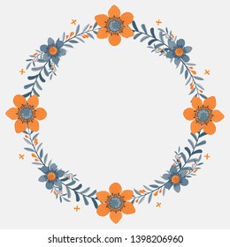 Floral greeting card and invitation template for wedding or birthday anniversary, Vector circle shape of text box label and frame, Orange flowers wreath ivy style with branch and leaves.