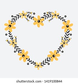 Floral greeting card and invitation template for wedding or birthday anniversary, Vector heart shape of text box label and frame, Yellow flowers wreath ivy style with branch and leaves.