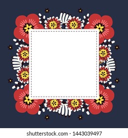 Floral greeting card and invitation template for wedding or birthday anniversary, Vector square shape of text box label and frame, Red flowers wreath ivy style with branch and leaves.