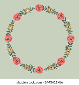 Floral greeting card and invitation template for wedding or birthday anniversary, Vector circle shape of text box label and frame, Colorful flowers wreath ivy style with branch and leaves.