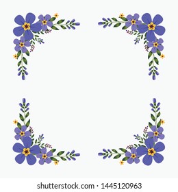 Floral greeting card and invitation template for wedding or birthday anniversary, Vector square shape of text box label and frame, Purple flowers wreath ivy style with branch and leaves.