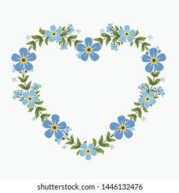 Floral greeting card and invitation template for wedding or birthday anniversary, Vector heart shape of text box label and frame, Blue flowers wreath ivy style with branch and leaves.