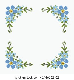 Floral greeting card and invitation template for wedding or birthday anniversary, Vector square shape of text box label and frame, Blue flowers wreath ivy style with branch and leaves.