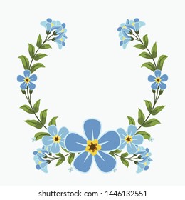 Floral greeting card and invitation template for wedding or birthday anniversary, Vector circle shape of text box label and frame, Blue flowers wreath ivy style with branch and leaves.
