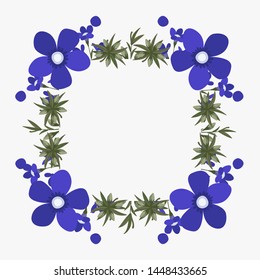 Floral greeting card and invitation template for wedding or birthday anniversary, Vector square shape of text box label and frame, Purple flowers wreath ivy style with branch and leaves.