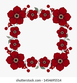 Floral greeting card and invitation template for wedding or birthday anniversary, Vector square shape of text box label and frame, Red flowers wreath ivy style with branch and leaves.