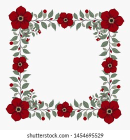 Floral greeting card and invitation template for wedding or birthday anniversary, Vector square shape of text box label and frame, Red flowers wreath ivy style with branch and leaves.