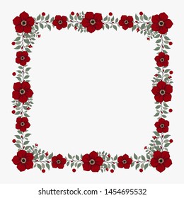 Floral greeting card and invitation template for wedding or birthday anniversary, Vector square shape of text box label and frame, Red flowers wreath ivy style with branch and leaves.