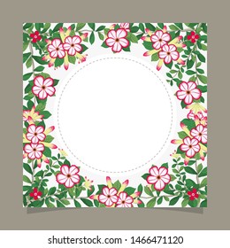 Floral greeting card and invitation template for wedding or birthday anniversary, Vector circle shape of text box label and frame, Azalea flowers wreath ivy style with branch and leaves.