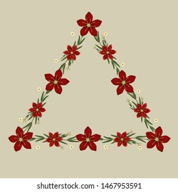 Floral greeting card and invitation template for wedding or birthday, Vector triangle shape of text box label and frame, Red cyrtanthus elatus flowers wreath ivy style with branch and leaves.