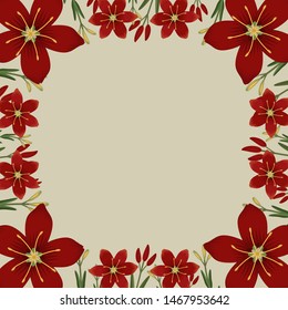 Floral greeting card and invitation template for wedding or birthday, Vector square shape of text box label and frame, Red cyrtanthus elatus flowers wreath ivy style with branch and leaves.