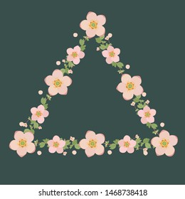 Floral greeting card and invitation template for wedding or birthday, Vector triangle shape of text box label and frame, Pink botanical flowers wreath ivy style with branch and leaves.