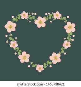 Floral greeting card and invitation template for wedding or birthday, Vector heart shape of text box label and frame, Pink botanical flowers wreath ivy style with branch and leaves.