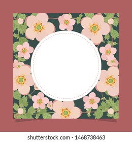 Floral greeting card and invitation template for wedding or birthday, Vector circle shape of text box label and frame, Pink botanical flowers wreath ivy style with branch and leaves.