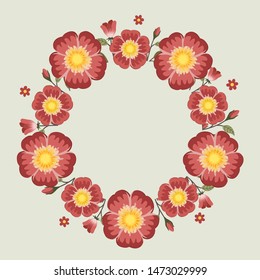 Floral greeting card and invitation template for wedding or birthday, Vector circle shape of text box label and frame, Red rosa gallica flowers wreath ivy style with branch and leaves.